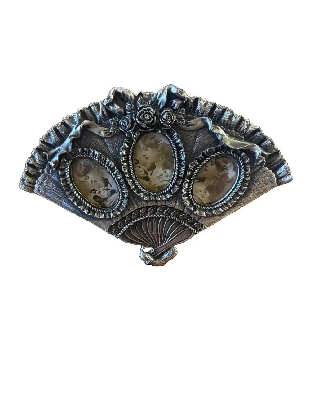 Vintage Ornate Pewter Fan Picture Frame Victorian Rose 3 Photo Stand Heavy